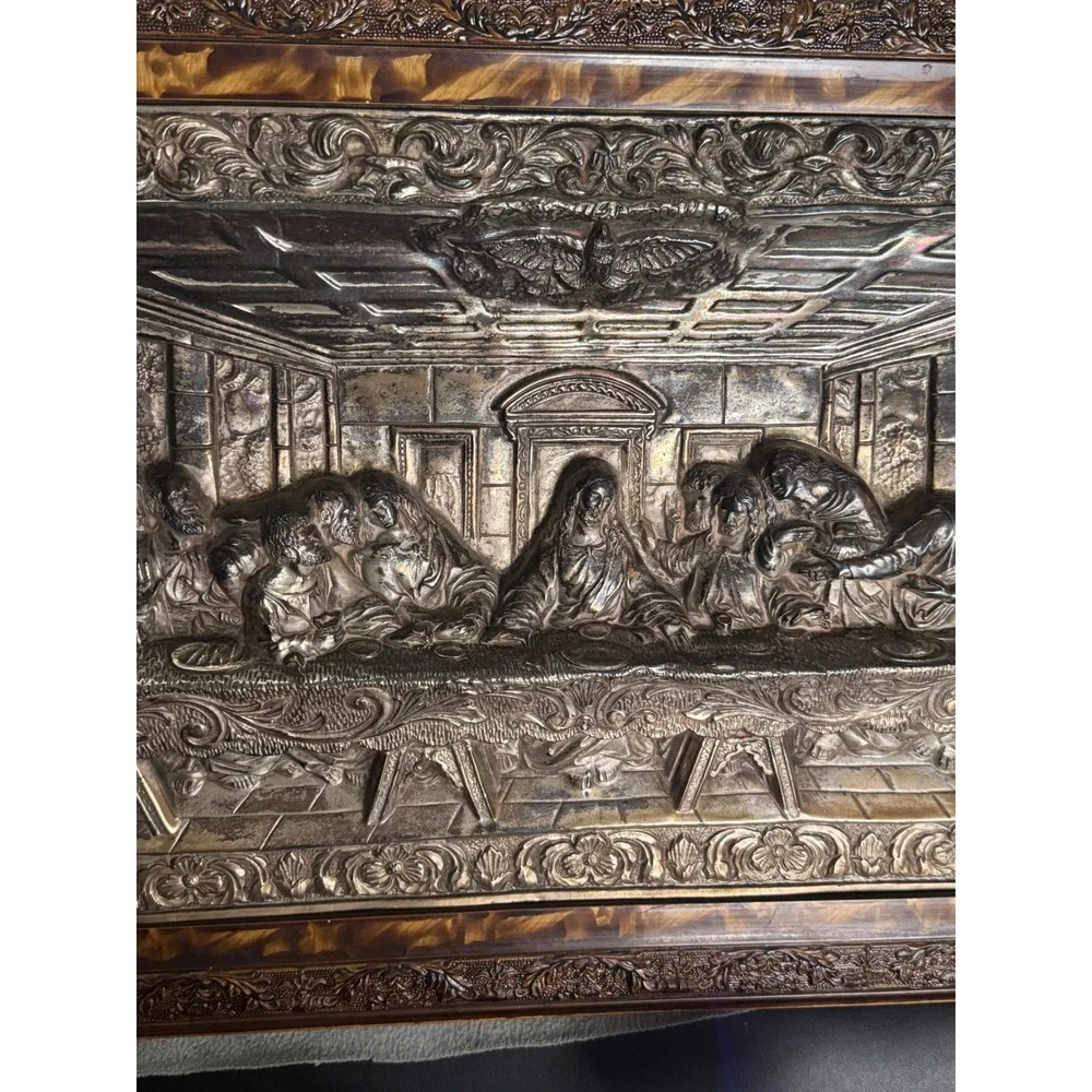 Vintage Last Supper 3D Relief Wall Art Silver Tone Framed Religious Plaque 20x12